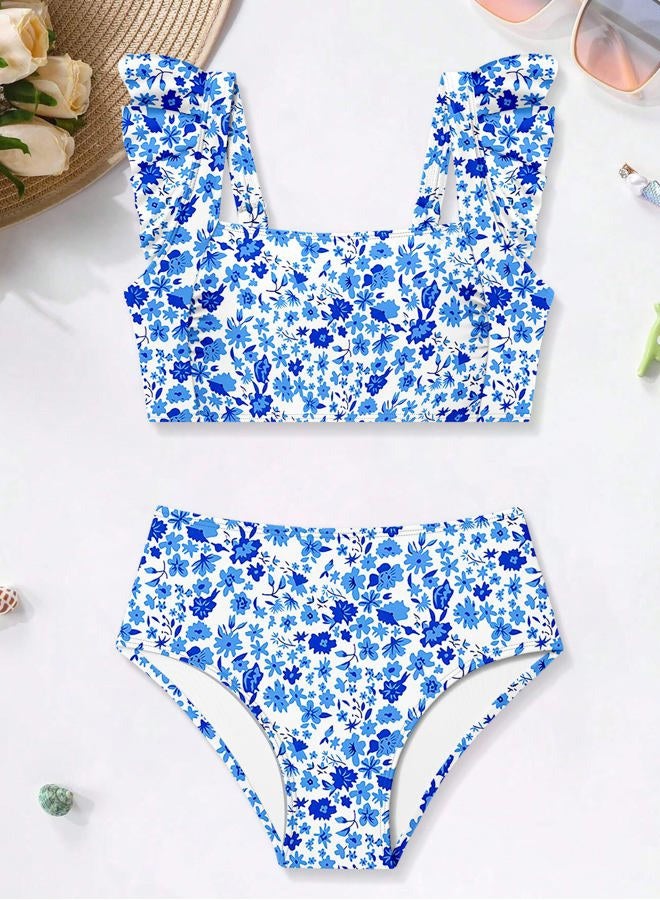 ZAANTI Girls 2 Piece Swimsuit Square Neck Ruched Ruffle Trim Bikini Sets Adjustable Straps Bathing Suit for Teen Girls 9-16Y, Blue＋floral, 9-10 Years - Image 5