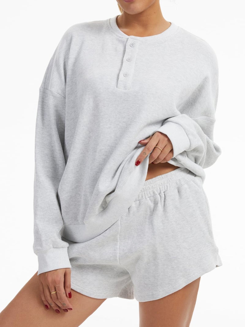 AnotherChill Women's Oversized Waffle Knit Lounge Set Long Sleeve Sweatshirt and High Waisted Shorts 2 Piece Casual Outfit (Light-Grey, Small) - Image 2