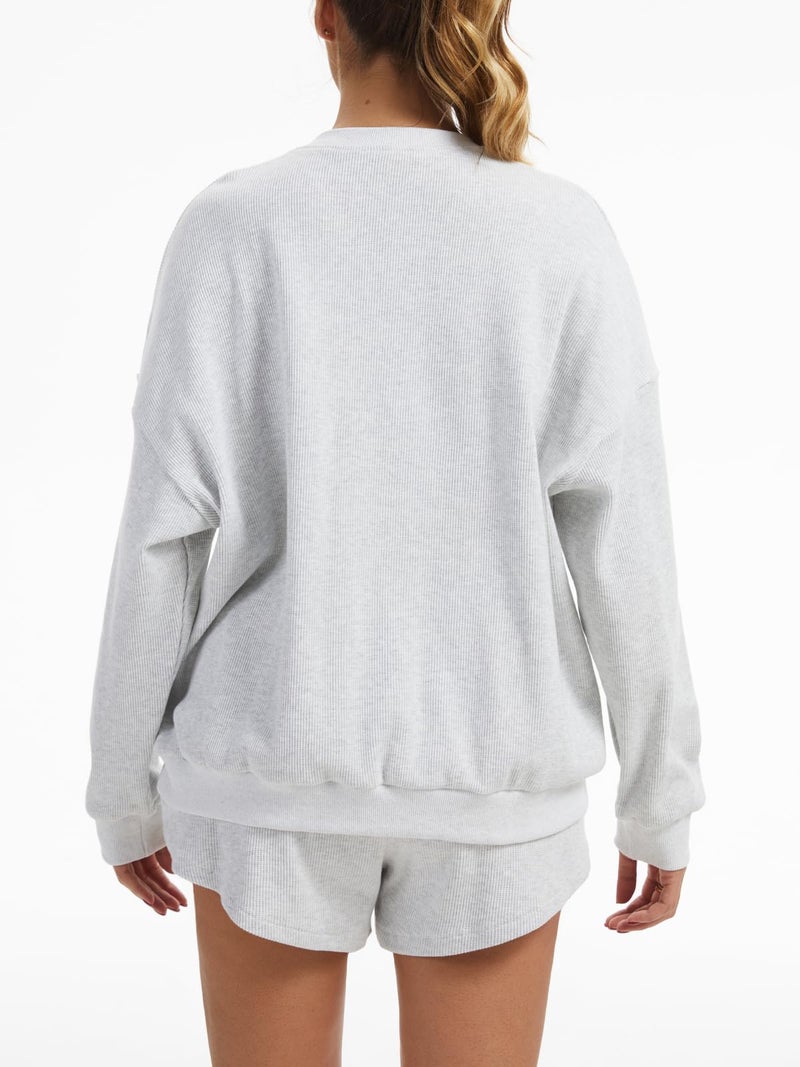 AnotherChill Women's Oversized Waffle Knit Lounge Set Long Sleeve Sweatshirt and High Waisted Shorts 2 Piece Casual Outfit (Light-Grey, Small) - Image 4
