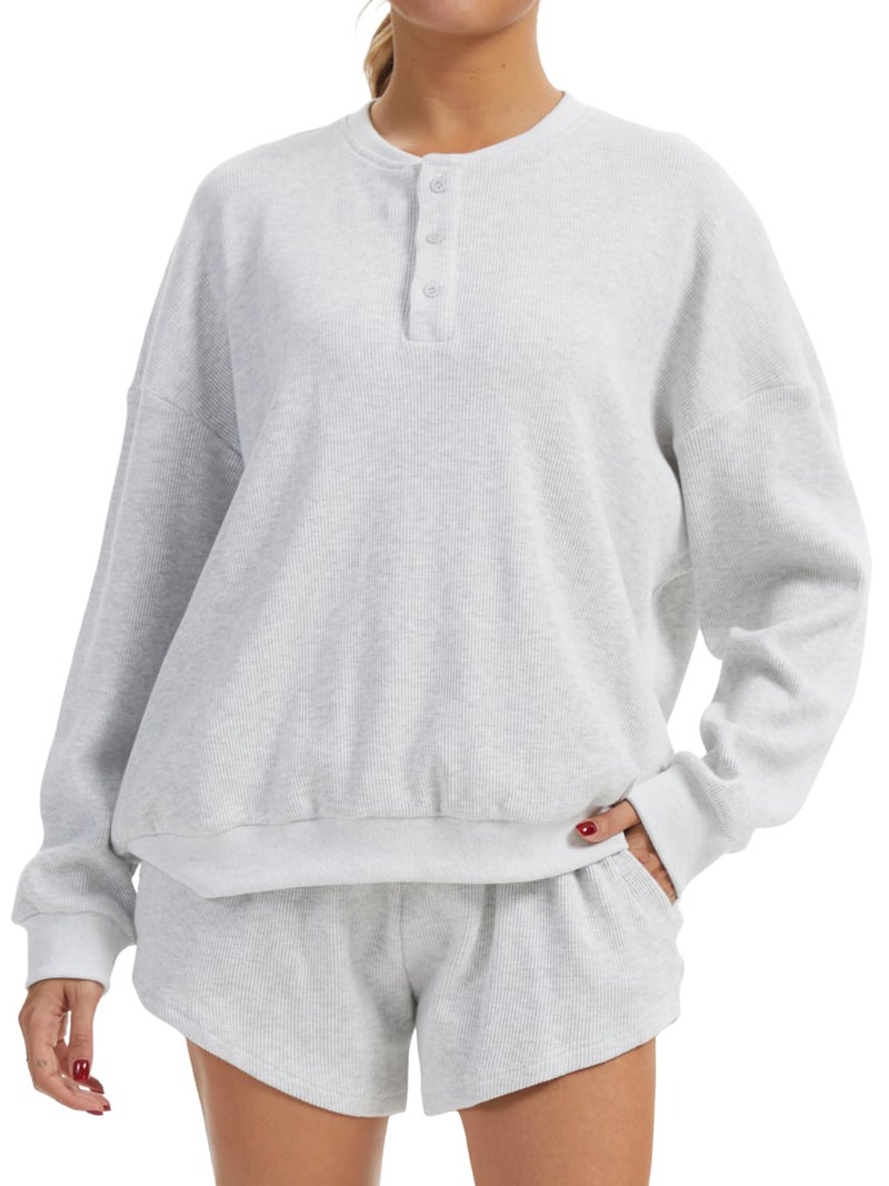 AnotherChill Women's Oversized Waffle Knit Lounge Set Long Sleeve Sweatshirt and High Waisted Shorts 2 Piece Casual Outfit (Light-Grey, Small) - Image 1