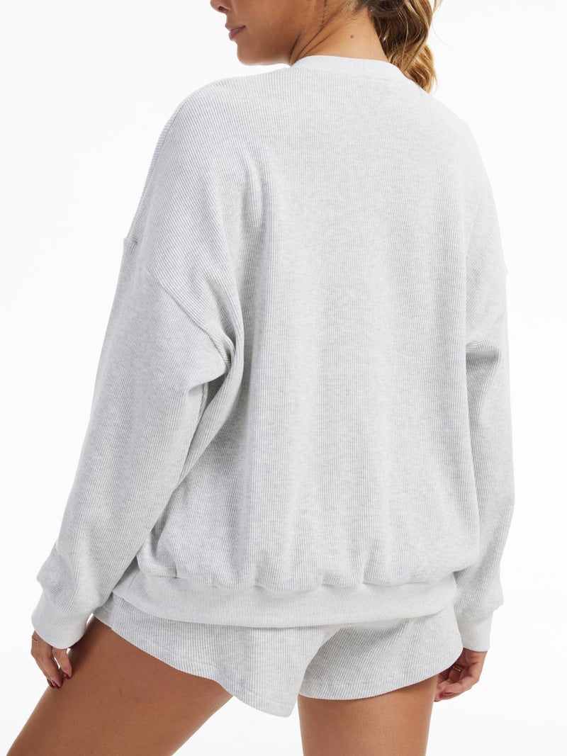 AnotherChill Women's Oversized Waffle Knit Lounge Set Long Sleeve Sweatshirt and High Waisted Shorts 2 Piece Casual Outfit (Light-Grey, Small) - Image 3
