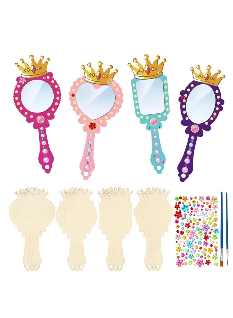 FengSVMA 12 Pack Wood Mirror Crafts for Kids, DIY Mini Wooden Princess Mirror Unfinished Handheld Mirror with 2 Painting Brushes and 3 Stickers for Handmade Craft, Birthday, Gift - Image 1