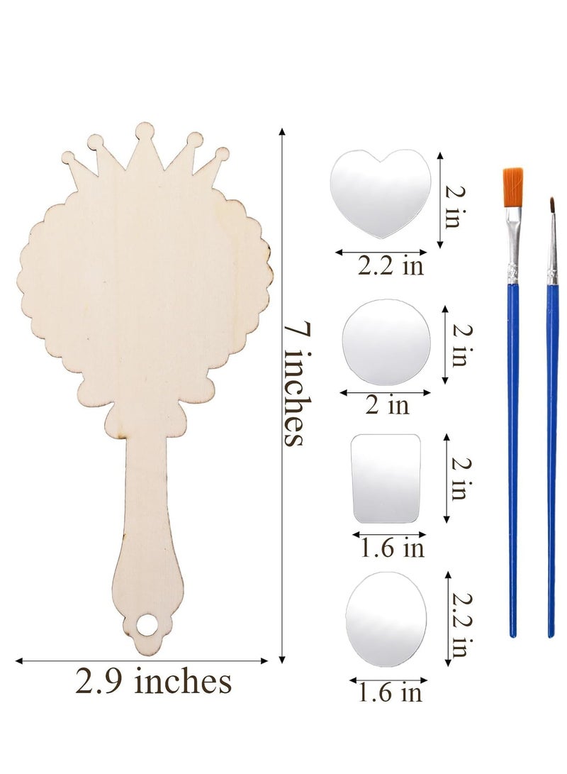 FengSVMA 12 Pack Wood Mirror Crafts for Kids, DIY Mini Wooden Princess Mirror Unfinished Handheld Mirror with 2 Painting Brushes and 3 Stickers for Handmade Craft, Birthday, Gift - Image 4