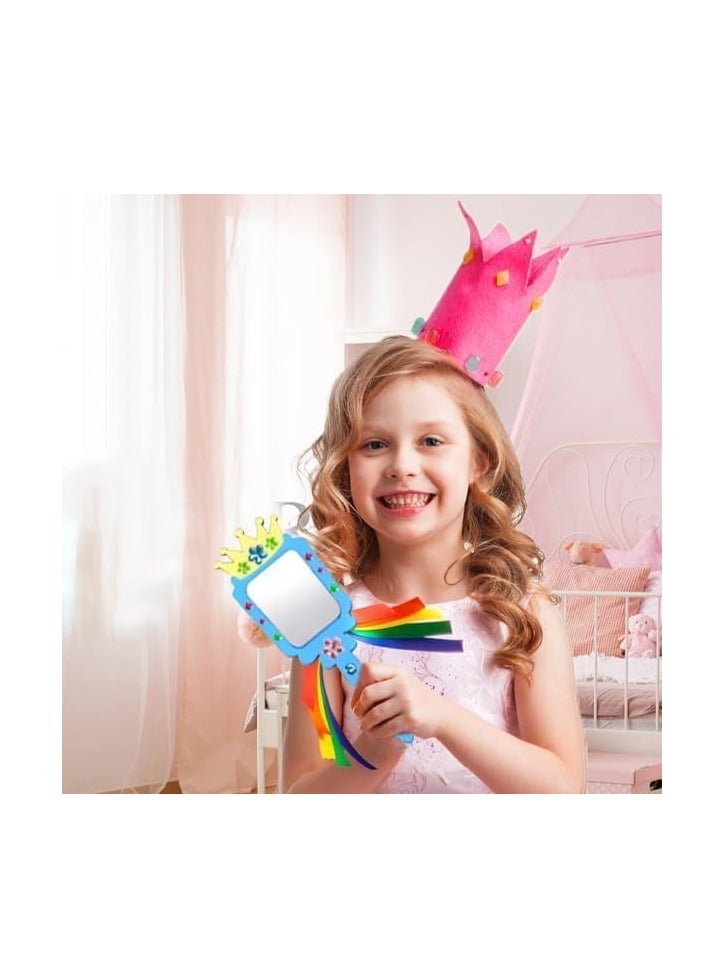 FengSVMA 12 Pack Wood Mirror Crafts for Kids, DIY Mini Wooden Princess Mirror Unfinished Handheld Mirror with 2 Painting Brushes and 3 Stickers for Handmade Craft, Birthday, Gift - Image 2