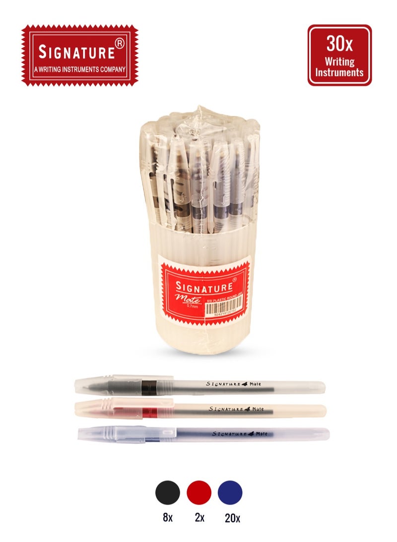 Signature Mate Stick Ballpoint Pens, 30-Piece Jar - Smooth Writing in Blue, Black, and Red - Image 1