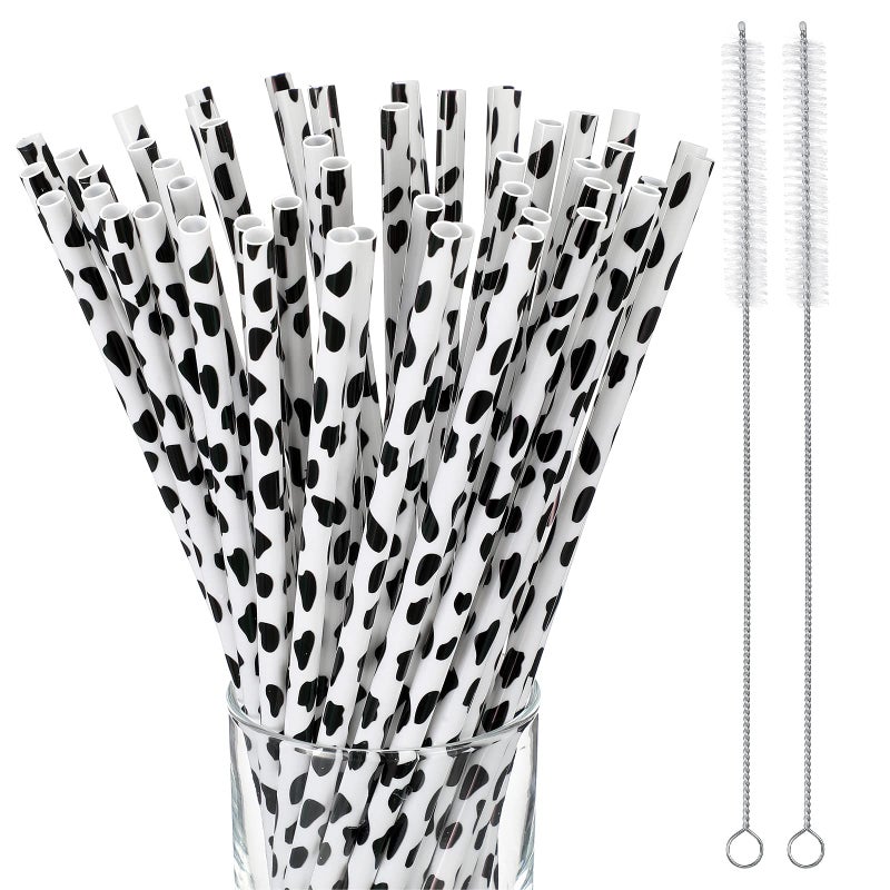 Suclain 26 Pcs Cow Print Plastic Straws Reusable Plastic Farm Cow Party Favor Supplies Black and White Tumbler Animal Straws Bulk with 2 Cleaning Brush for Birthday Baby Shower Juice Decoration