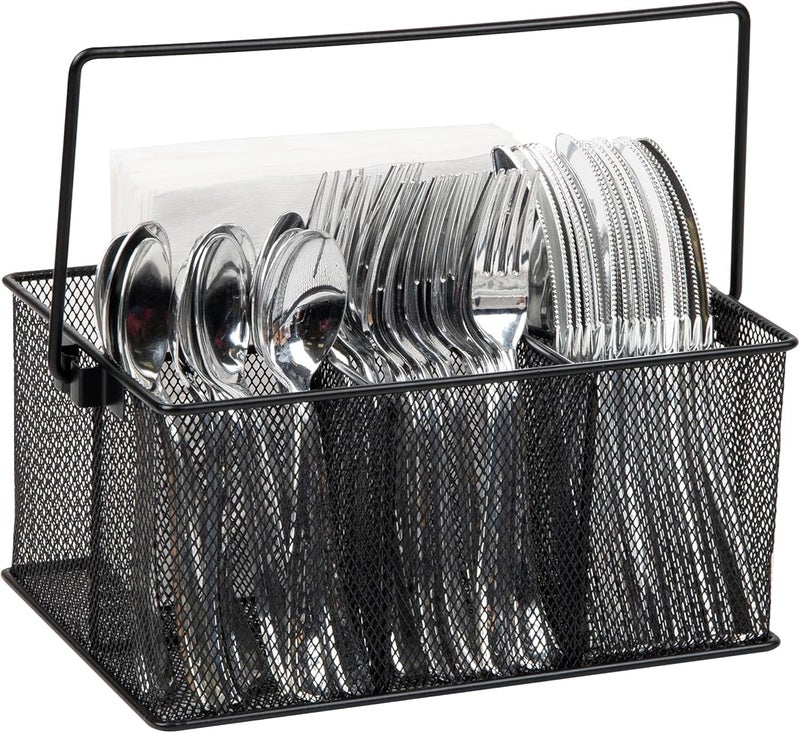 Mind Reader Storage Basket Organizer, Utensil Holder, Forks, Spoons, Knives, Napkins, Perfect for Desk Supplies, Pencil, Pens, Staples, Black, 4 Compartments - Image 1