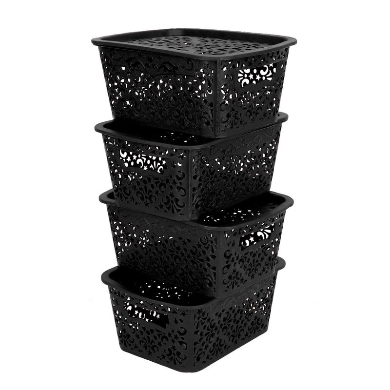 Cutting EDGE Unbreakable Plastic Turkish Baskets Small with Lid 24 X 17 X 10 cm for Storage Baskets for Fruit Vegetable Bathroom Stationary Home Basket with Handle Black Set of 4 - Image 1