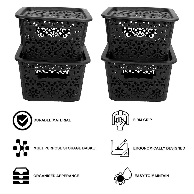 Cutting EDGE Unbreakable Plastic Turkish Baskets Small with Lid 24 X 17 X 10 cm for Storage Baskets for Fruit Vegetable Bathroom Stationary Home Basket with Handle Black Set of 4 - Image 2