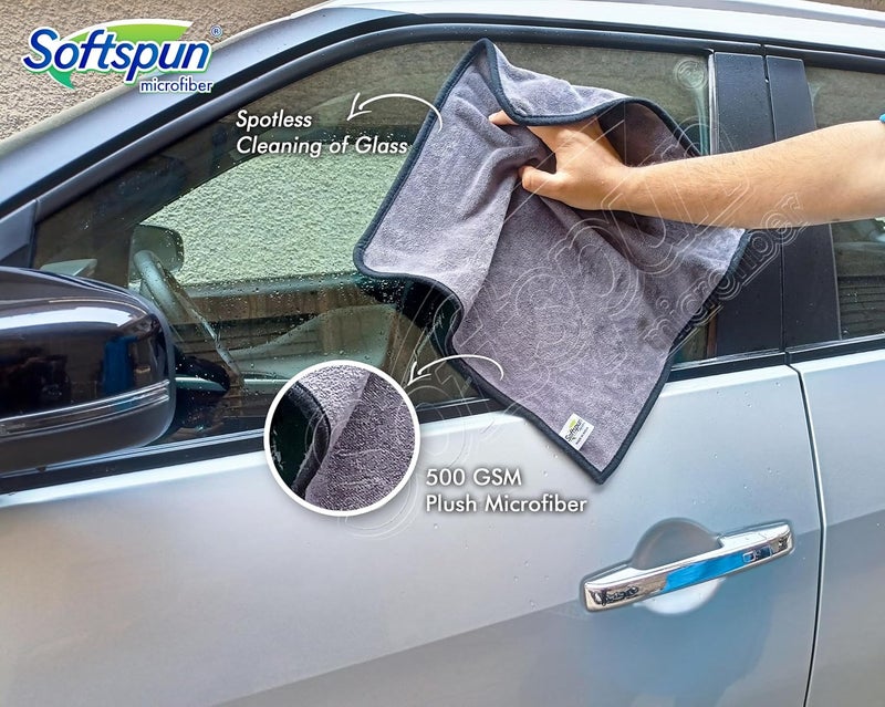 SOFTSPUN Microfiber Super Absorbent Cloth 500 GSM 40X40 cms Pack of 4 Grey! Silk Banded Edge Towel Set Extra Thick Microfiber Cleaning Cloths Perfect for Bike Auto Cars Both Interior and Exterior.… - Image 2