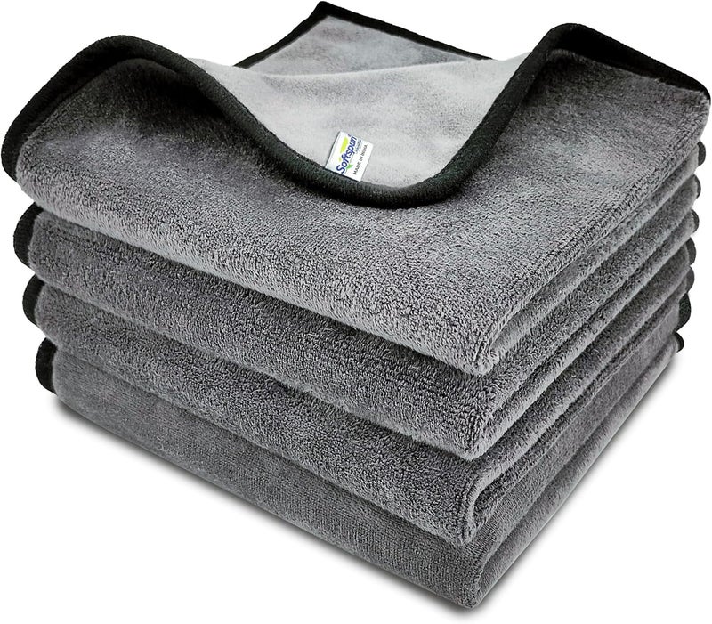 SOFTSPUN Microfiber Super Absorbent Cloth 500 GSM 40X40 cms Pack of 4 Grey! Silk Banded Edge Towel Set Extra Thick Microfiber Cleaning Cloths Perfect for Bike Auto Cars Both Interior and Exterior.… - Image 1