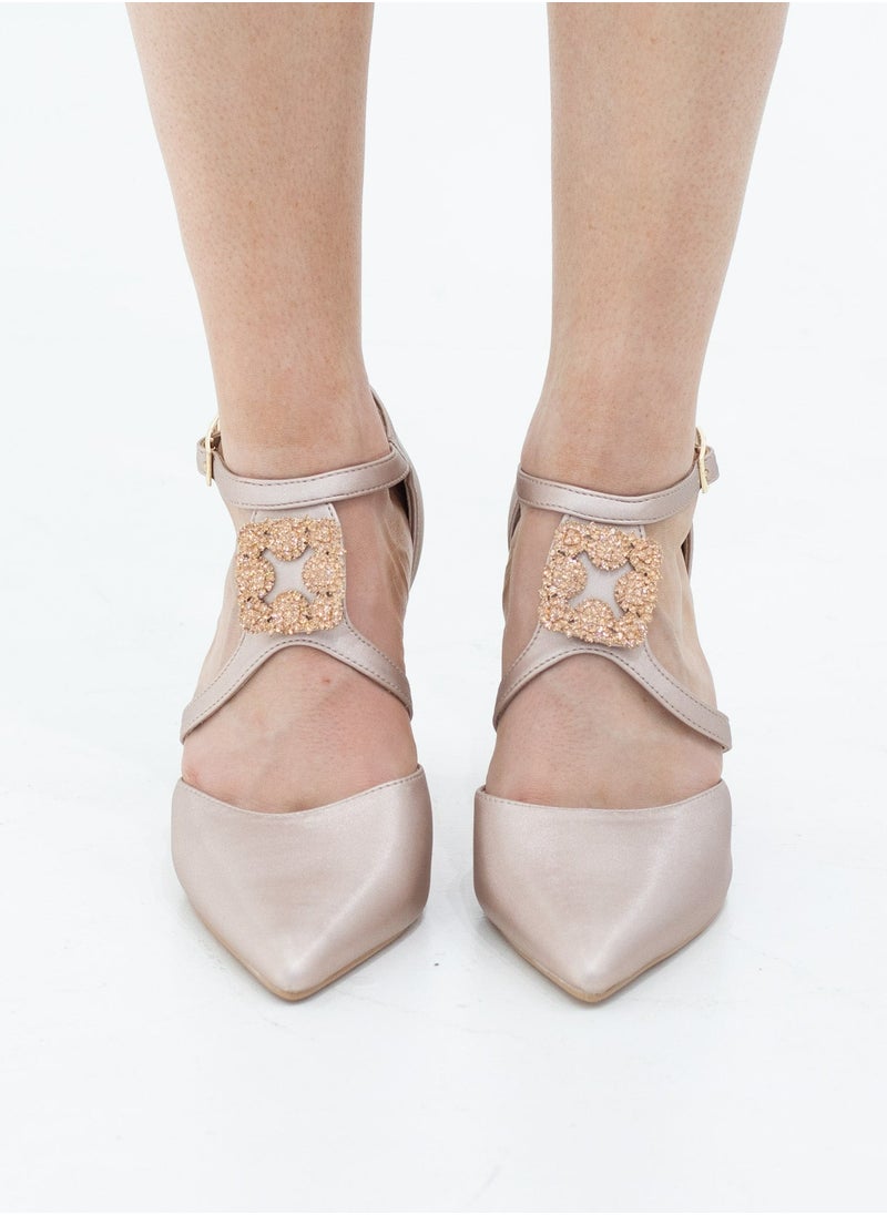 LAMARAPARIS - Vaila SATIN sqr trim cross belts open waist 9cm heel pointy champagne - Image 1
