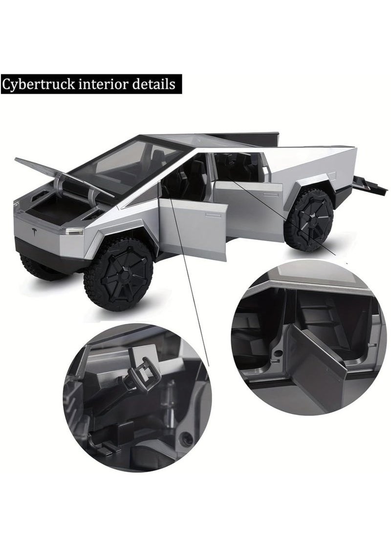 Tesla Pickup Truck 1:32 CyberTruck Die-cast Metal Model Car, with Sound and Light, Pull Back, Suitable for Children and Adults and Above as Birthday Gifts (Silver) - Image 3