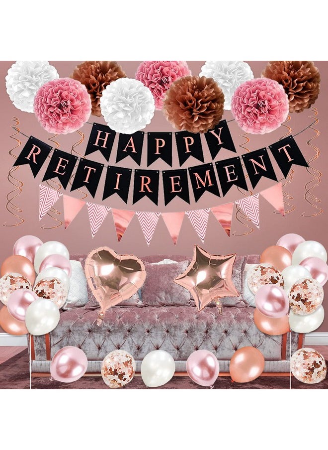 Bluegogo Rose Gold Retirement Party Decorations, 63 Pcs Retirement Party Decorations for Women Happy Retirement Banner Hanging Swirls Foil Balloon Cake Toppers Retired Sash Retirement Party Supplies  - Image 2