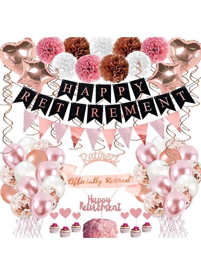 Bluegogo Rose Gold Retirement Party Decorations, 63 Pcs Retirement Party Decorations for Women Happy Retirement Banner Hanging Swirls Foil Balloon Cake Toppers Retired Sash Retirement Party Supplies  - Image 1