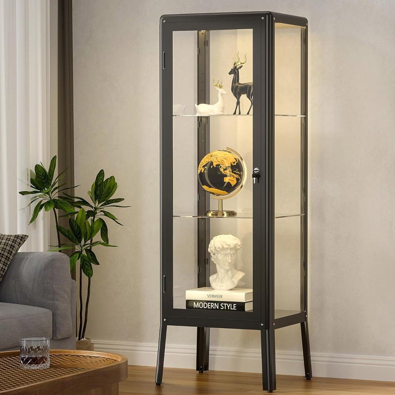 ryoko Ryoko Glass Display Cabinet with Adjustable 3Shelf Shelves Lock and Door DustProof LED Light Curio Cabinets Display Case for Living Room Bedroom Office 591 x 197 x 158  Dark Gray