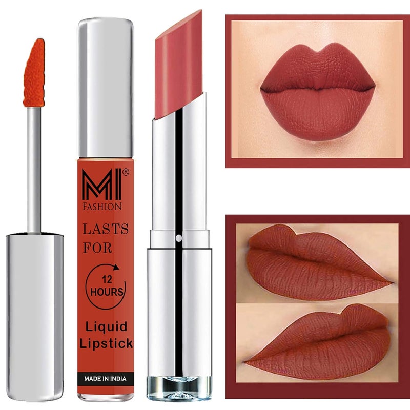 MI Fashion Made in India Lipstick Combo Offers 100 Veg Long Lasting Brick Red Liquid Matte Lipstick Peach Crush Creamy Matte Lipstick - Image 1