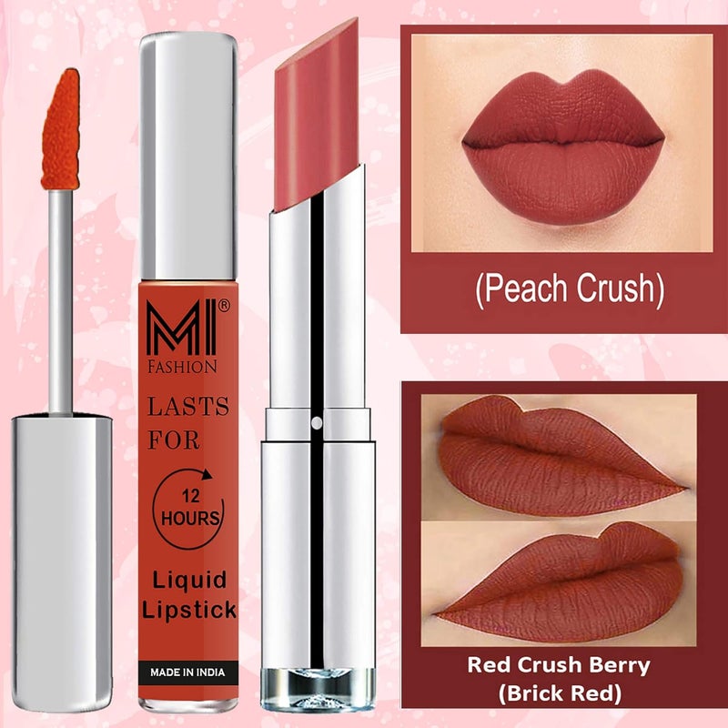 MI Fashion Made in India Lipstick Combo Offers 100 Veg Long Lasting Brick Red Liquid Matte Lipstick Peach Crush Creamy Matte Lipstick - Image 3