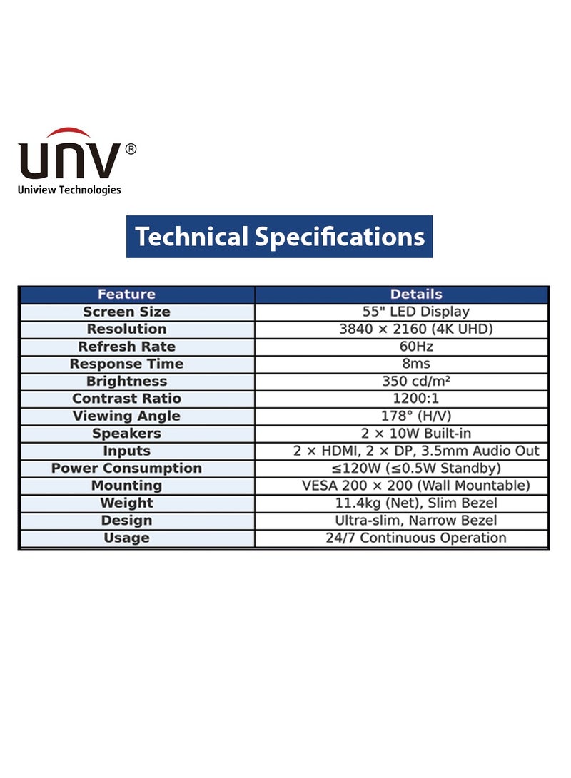 Unview 55" 4K UHD LED Monitor – 60Hz Large-Screen Gaming & Office Display, Slim Bezel, 2× HDMI + 2× DP, Built-in Speakers, VESA 200×200 Wall Mount - Image 3