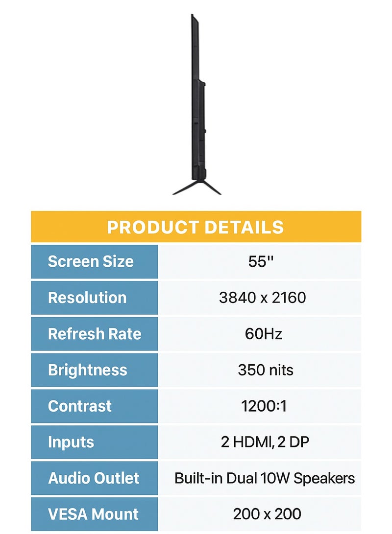 Unview 55" 4K UHD LED Monitor – 60Hz Large-Screen Gaming & Office Display, Slim Bezel, 2× HDMI + 2× DP, Built-in Speakers, VESA 200×200 Wall Mount - Image 4