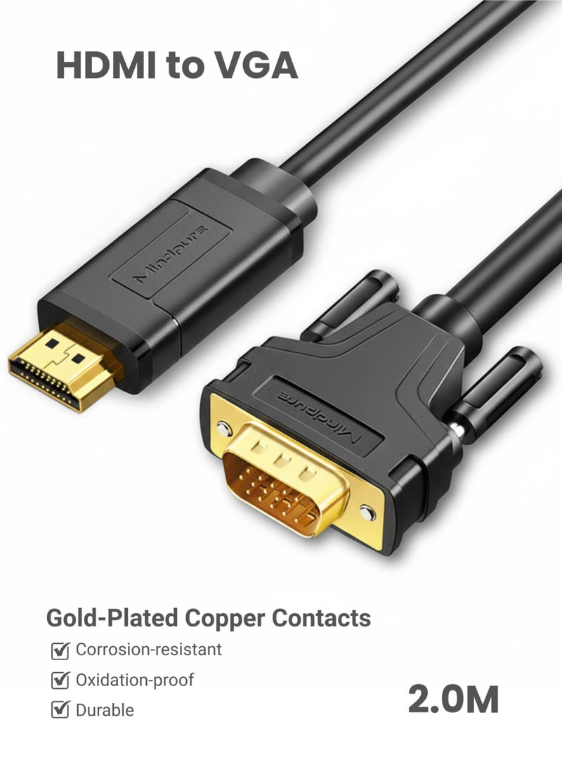 مينديبوريت كابل Mindpure من HDMI إلى VGA بطول 2 متر، أحادي الاتجاه من الكمبيوتر (HDMI) إلى الشاشة (VGA)، ذكر إلى ذكر، متوافق مع اللابتوب، الكمبيوتر المكتبي، البروجكتور، وXbox - Image 1