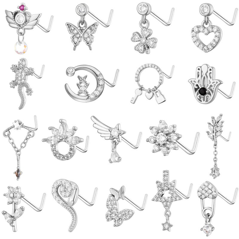 Tamhoo 18Pcs 18g Nose Rings Studs L Shaped Nose Rings For Women Dangle Nose Rings L Shaped Nose Piercing Jewelry Set Diamond Nose Studs For Women Cubic Zirconia Butterfly Nose Rings 18g White Gold Nose Ring - Image 1