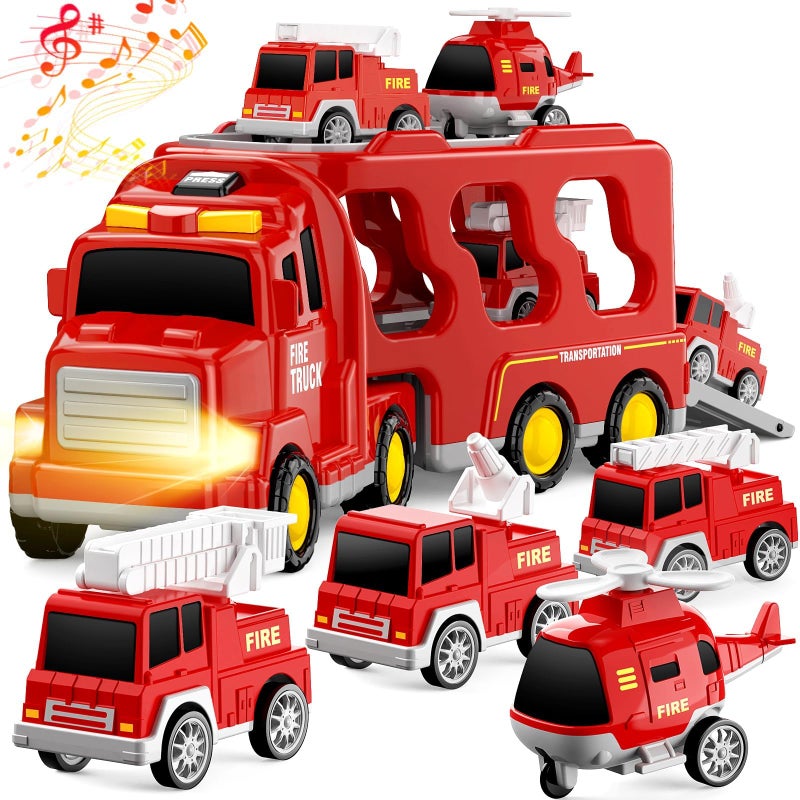 FunMission Toddlers Fire Truck for Kids 39 Year Old5 in 1 Friction Power Vehicle Car for 3 4 5 6 7 Years Old Boys GirlsCarrier Truck Transport Toys for Christmas and Birthday Gifts - Image 3