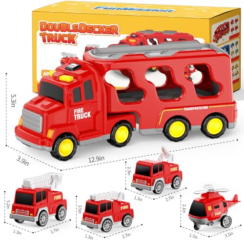 FunMission Toddlers Fire Truck for Kids 39 Year Old5 in 1 Friction Power Vehicle Car for 3 4 5 6 7 Years Old Boys GirlsCarrier Truck Transport Toys for Christmas and Birthday Gifts - Image 5