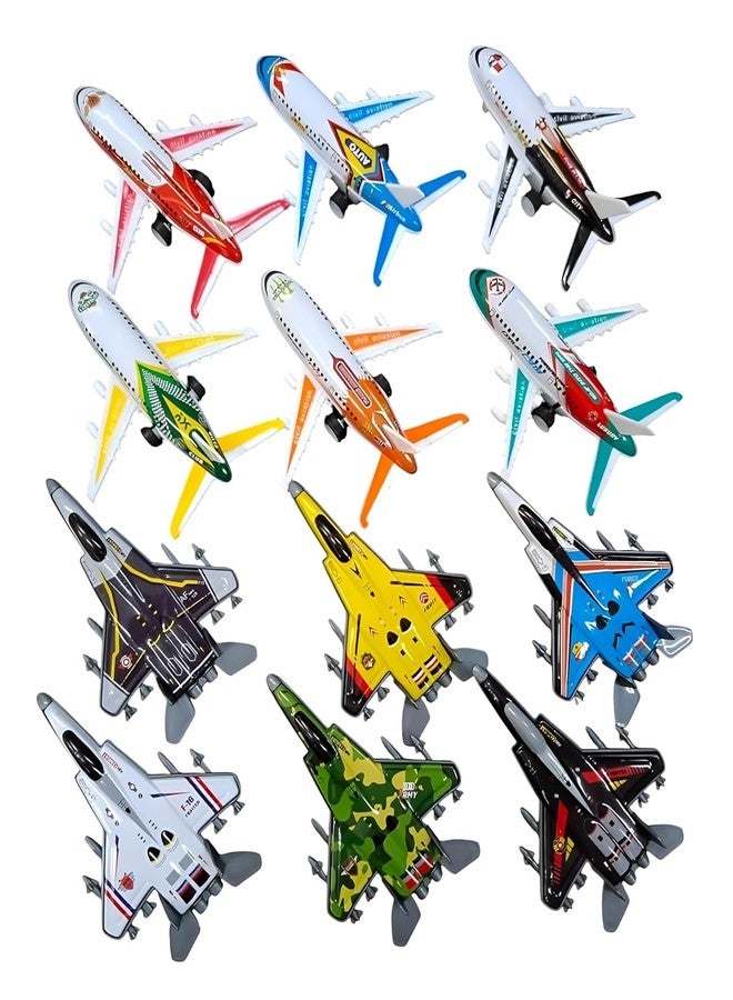 Space Enterprises Mini Metal Fighter Jet and Airplane Set for Kids | Push and Go Unbreakable Friction Powered Aiplane Set Toys | Ideal Gift or Return Gifts for Kids - Multicolor (Pack of 12) - Image 1