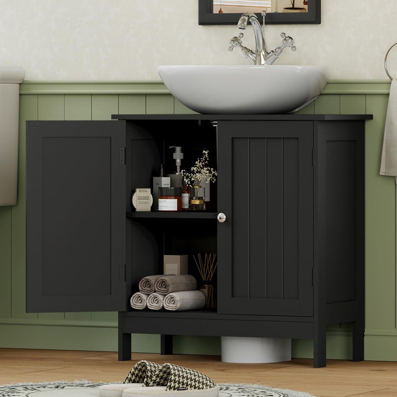 Iwell Pedestal Sink Storage Cabinet with 2 Doors and Shelf, Under Sink Cabinet, Bathroom Sink Cabinet with U-Shape, Black - Image 3
