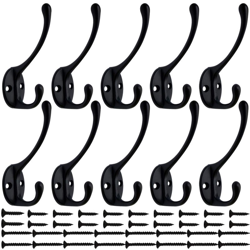 IBosins 10 Pack Heavy Duty Dual Coat Hooks Wall Mounted with 40 Screws Retro Double Hooks Utility Black No Rust Hooks for Coat, Scarf, Bag, Towel, Key, Cap, Cup, Hat (Black) - Image 1