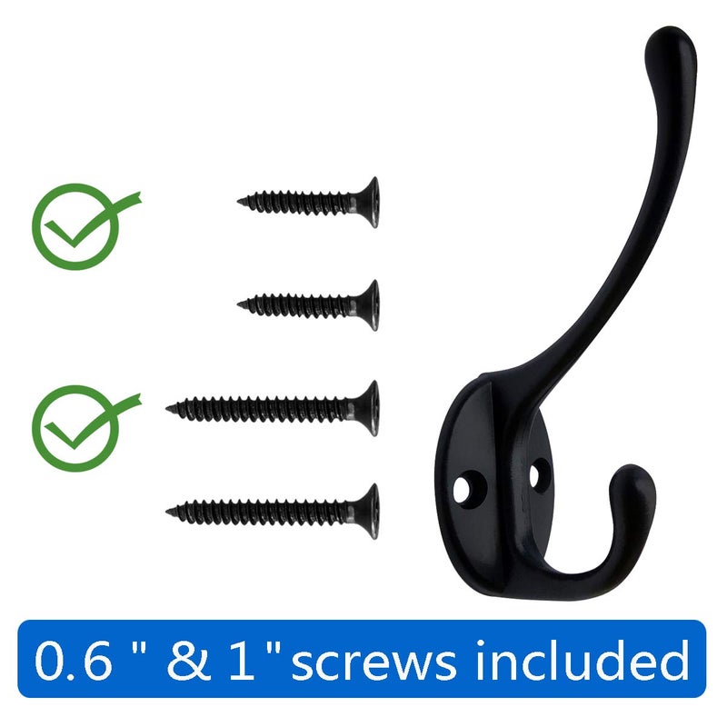 IBosins 10 Pack Heavy Duty Dual Coat Hooks Wall Mounted with 40 Screws Retro Double Hooks Utility Black No Rust Hooks for Coat, Scarf, Bag, Towel, Key, Cap, Cup, Hat (Black) - Image 2