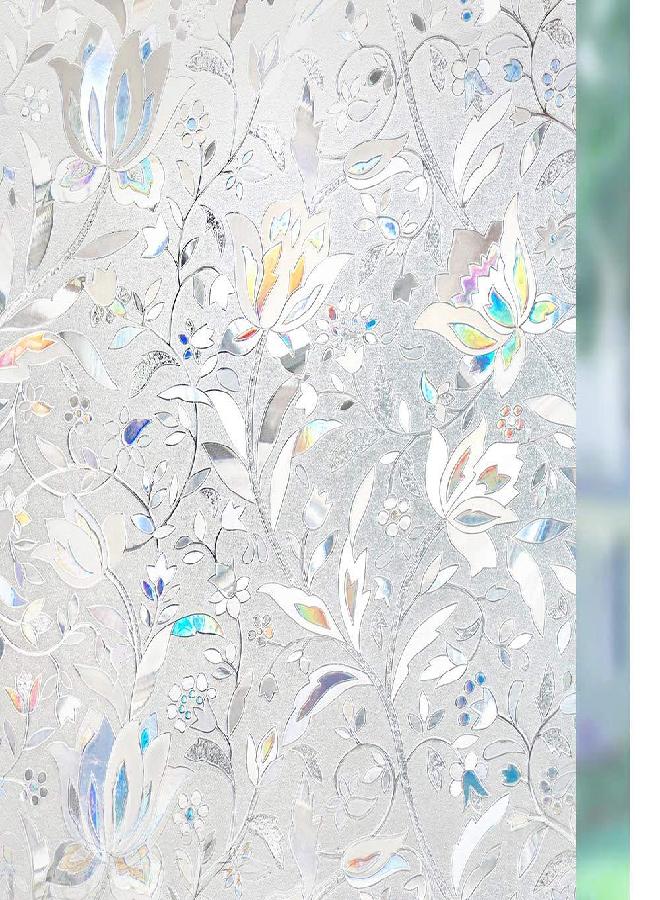 rabbitgoo Window Privacy Film, Decorative Stained Glass Window Film, Sun Blocking Glass Clings, Renter-Friendly Static Cling Frosted Sticker Covering for Home Door, Rainbow Tulip 17.5" x 78.7" - Image 3
