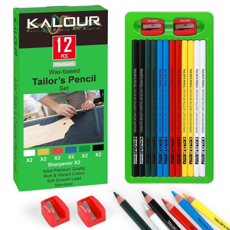 12 PCS Tailors Pencil Set Sewing Fabric Pencils and Fabric Marker Pens for Quilting Sewing Dressmaking Supplies WaterSoluble 6 Colors Includes 2 Sharpeners