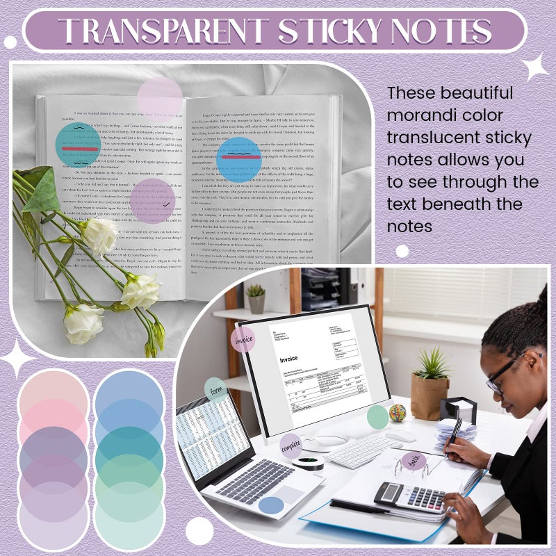 Sabary 500 Sheets Transparent Sticky Notes Round Translucent Sticky Notes Tabs Colorful Page Flags Stickers Clear Book Markers Bible Journaling Office Back to School Supplies(1.75 Inch,Stylish) - Image 4