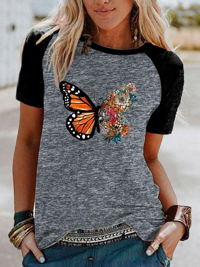 wish Butterfly Flower Print Raglan Contrast Short Sleeve T-shirt - Image 5