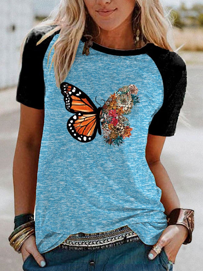 wish Butterfly Flower Print Raglan Contrast Short Sleeve T-shirt - Image 4