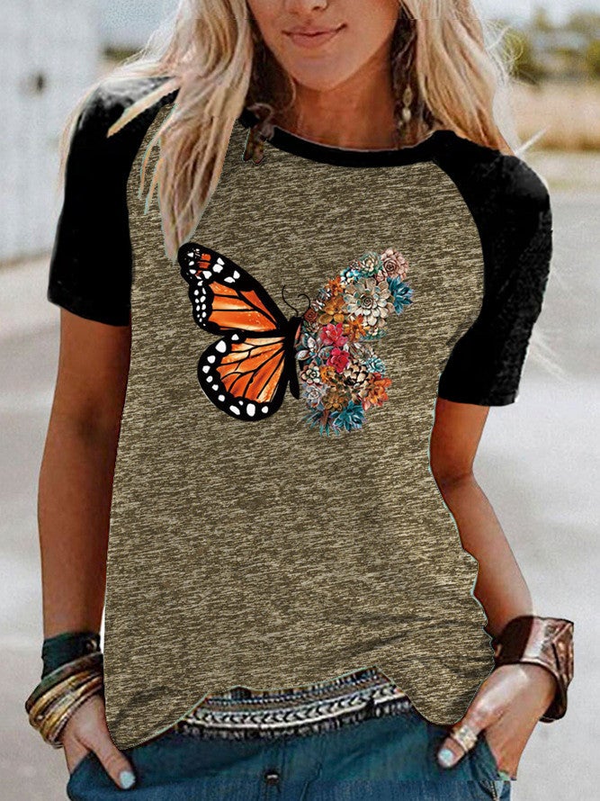 wish Butterfly Flower Print Raglan Contrast Short Sleeve T-shirt - Image 3