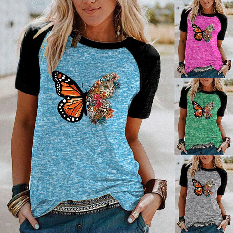 wish Butterfly Flower Print Raglan Contrast Short Sleeve T-shirt - Image 2