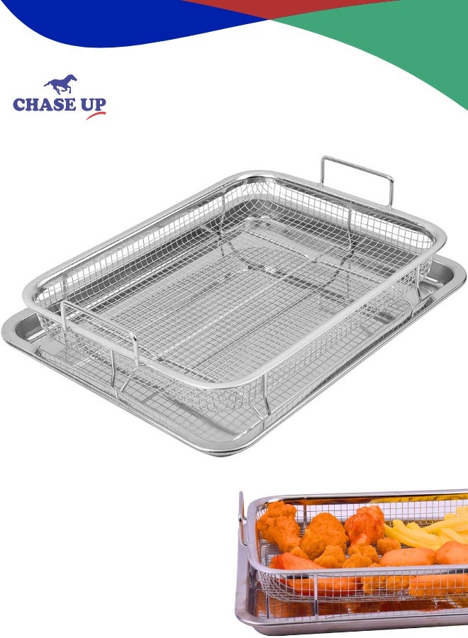 Chase Up 2 Piece Stainless Steel Crisper Tray and Basket, Oven Air Fryer Pan Mesh Basket Set, Crisper Oven Tray for French Fry/Frozen Food-Silver(32.5 * 24.5 * 8cm) - Image 1
