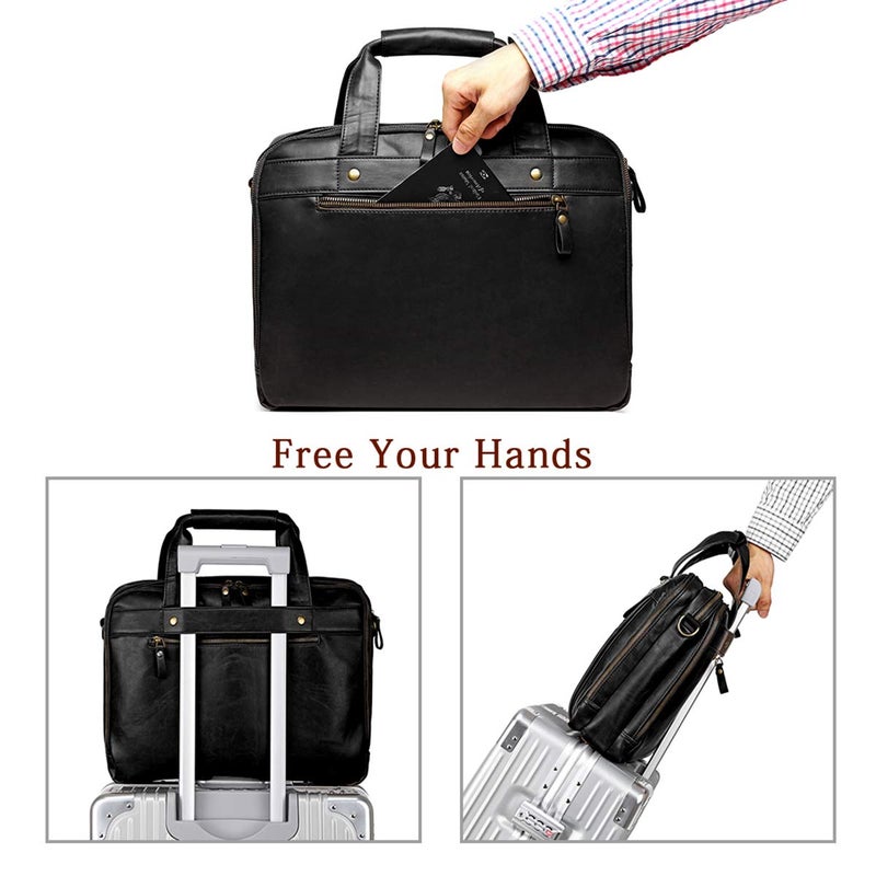 Bosidu Leather Briefcases for Men 15.6 Inch Laptop Messenger Bag with Triple Compartments Water-Resistant Computer Shoulder Bag for Business, Travel, Work, Office, Black - Image 3