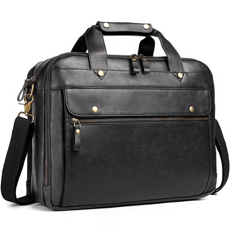 Bosidu Leather Briefcases for Men 15.6 Inch Laptop Messenger Bag with Triple Compartments Water-Resistant Computer Shoulder Bag for Business, Travel, Work, Office, Black - Image 1