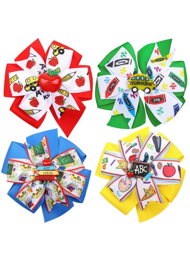 Whaline 4Pcs Back To School Bow Hair Clips Apple Book Blackboard School Bus Hair Bow Barrette Colorful Grosgrain Hairgrips Alligator Clips For First Day Of School Kindergarten Hair Accessories  - Image 1