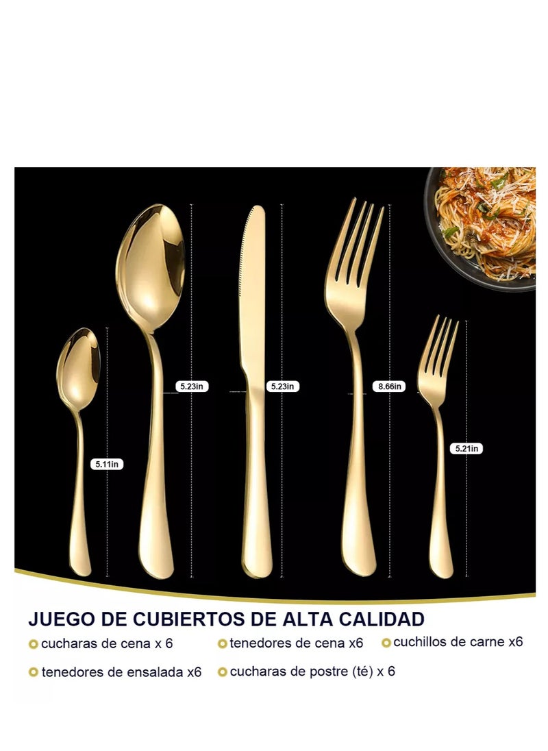 Generic - A set of 30-piece gold stainless steel tableware that can accommodate 6 people, including knives, forks, spoons, and dessert spoons, with an elegant, durable, and easy-to-clean design, perfect for any special occasion or daily use. This high-quality stainless steel tableware set is designed to turn every meal into a unique experience. The set consists of 30 carefully designed pieces, including knives, forks, spoons, and dessert spoons, all essential for enjoying a complete and delicious meal.  The elegant gold finish of these tableware pieces complements any table setting, while their sturdy construction ensures they remain in perfect condition for a long time. Additionally, they are dishwasher safe, making them a practical and luxurious choice for both everyday use and special occasions. This set is ideal for family dinners, elegant dinner parties, and other celebrations, adding a touch of sophistication to every meal - Image 1