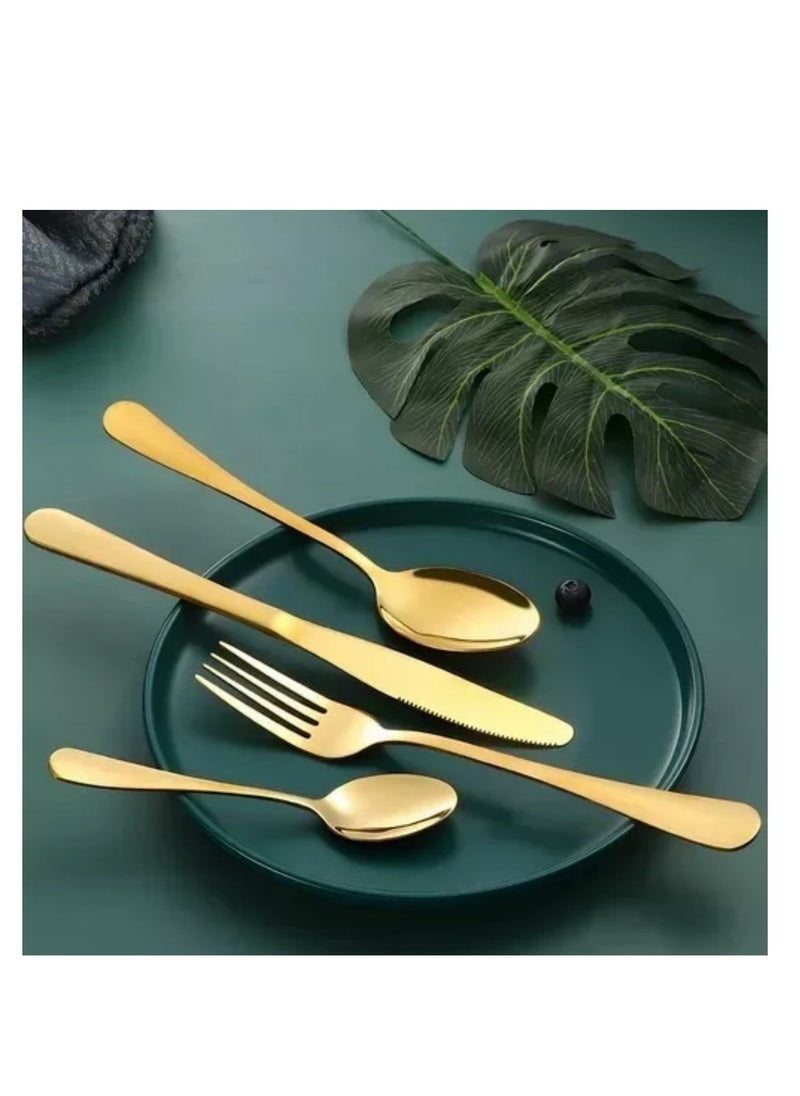 Generic - A set of 30-piece gold stainless steel tableware that can accommodate 6 people, including knives, forks, spoons, and dessert spoons, with an elegant, durable, and easy-to-clean design, perfect for any special occasion or daily use. This high-quality stainless steel tableware set is designed to turn every meal into a unique experience. The set consists of 30 carefully designed pieces, including knives, forks, spoons, and dessert spoons, all essential for enjoying a complete and delicious meal.  The elegant gold finish of these tableware pieces complements any table setting, while their sturdy construction ensures they remain in perfect condition for a long time. Additionally, they are dishwasher safe, making them a practical and luxurious choice for both everyday use and special occasions. This set is ideal for family dinners, elegant dinner parties, and other celebrations, adding a touch of sophistication to every meal - Image 1