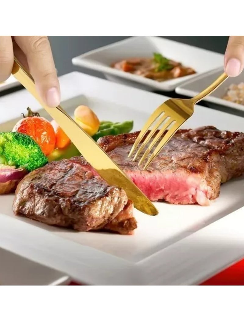 Generic - A set of 30-piece gold stainless steel tableware that can accommodate 6 people, including knives, forks, spoons, and dessert spoons, with an elegant, durable, and easy-to-clean design, perfect for any special occasion or daily use. This high-quality stainless steel tableware set is designed to turn every meal into a unique experience. The set consists of 30 carefully designed pieces, including knives, forks, spoons, and dessert spoons, all essential for enjoying a complete and delicious meal.  The elegant gold finish of these tableware pieces complements any table setting, while their sturdy construction ensures they remain in perfect condition for a long time. Additionally, they are dishwasher safe, making them a practical and luxurious choice for both everyday use and special occasions. This set is ideal for family dinners, elegant dinner parties, and other celebrations, adding a touch of sophistication to every meal - Image 1