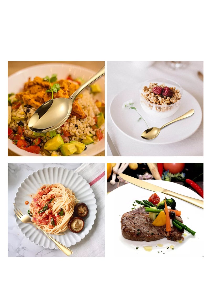 Generic - A set of 30-piece gold stainless steel tableware that can accommodate 6 people, including knives, forks, spoons, and dessert spoons, with an elegant, durable, and easy-to-clean design, perfect for any special occasion or daily use. This high-quality stainless steel tableware set is designed to turn every meal into a unique experience. The set consists of 30 carefully designed pieces, including knives, forks, spoons, and dessert spoons, all essential for enjoying a complete and delicious meal.  The elegant gold finish of these tableware pieces complements any table setting, while their sturdy construction ensures they remain in perfect condition for a long time. Additionally, they are dishwasher safe, making them a practical and luxurious choice for both everyday use and special occasions. This set is ideal for family dinners, elegant dinner parties, and other celebrations, adding a touch of sophistication to every meal - Image 1