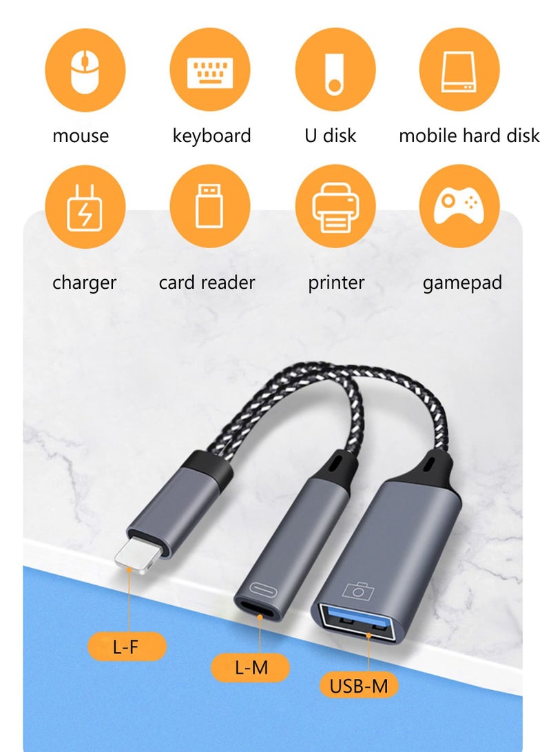 كابل محول OTG لجهاز iPhone - منفذين USB 3.0 مزدوجان، شحن سريع PD، محول متعدد الوظائف يدعم الصوت لمحركات USB وقارئات الذاكرة. - Image 5