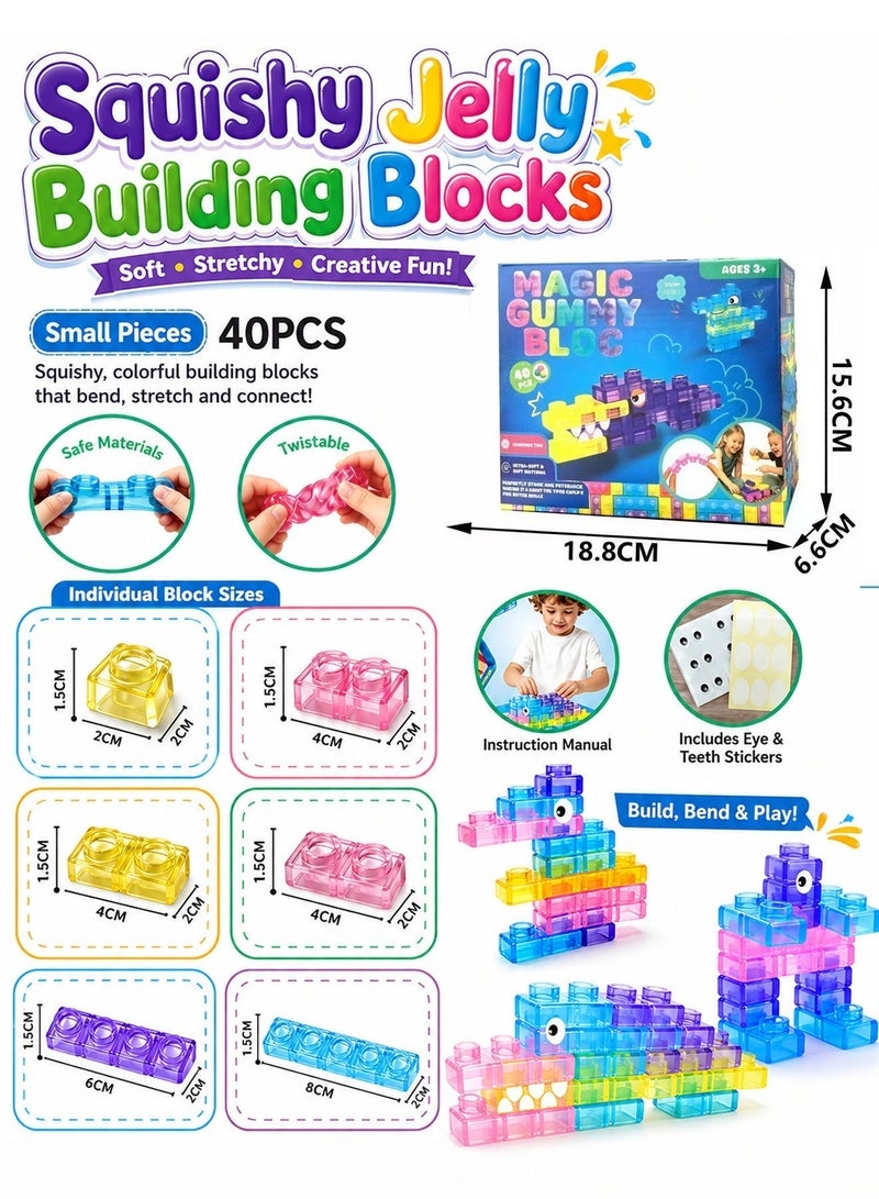 Paka Rabbit 40 PCS Sensory Soft Building Blocks for Toddlers, Small Size Kids Montessori Squishy Stacking Toy Set, Squeezable & Stretchable Early Learning Construction Playset, Puzzle Blocks for Creative Play （Small） - Image 3