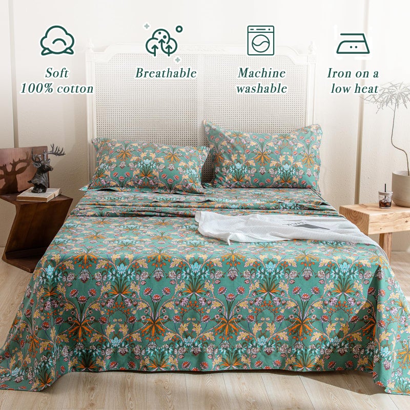 Lady Ann 100% Cotton Floral Queen Sheets Deep Pocket, Vibrant Paisley Flowers Printed on Green Pattern Sheets for Queen Bed Botanical Preppy Bed Sheets 4PCS Set - Image 2